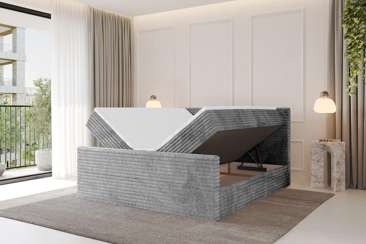 BOXBETT mit Matratze H4 und Lattenrost - TOLO-Z-v1 - 180x200 Cord - Hellgrau - Hellgrau, Holzwerkstoff (180/200cm)