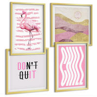 BILDER SET 4er Set - 50x50 cm & 40x60 cm Goldrahmen - Pastellfarbene Berglandschaft mit rosa Flamingos - Goldfarben, Kunststoff (50/50cm) - TULUP