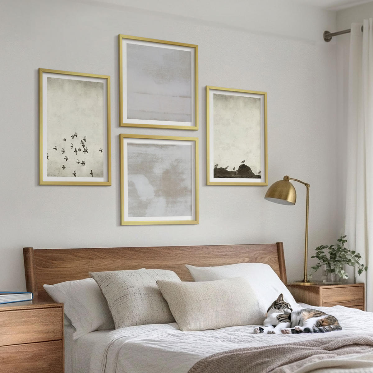 WANDBILDER 4er Set - 50x50 cm & 40x60 cm Goldrahmen - Minimalistische Vögel im Flug - Goldfarben, Kunststoff (50/50cm) - ArtPrintCave