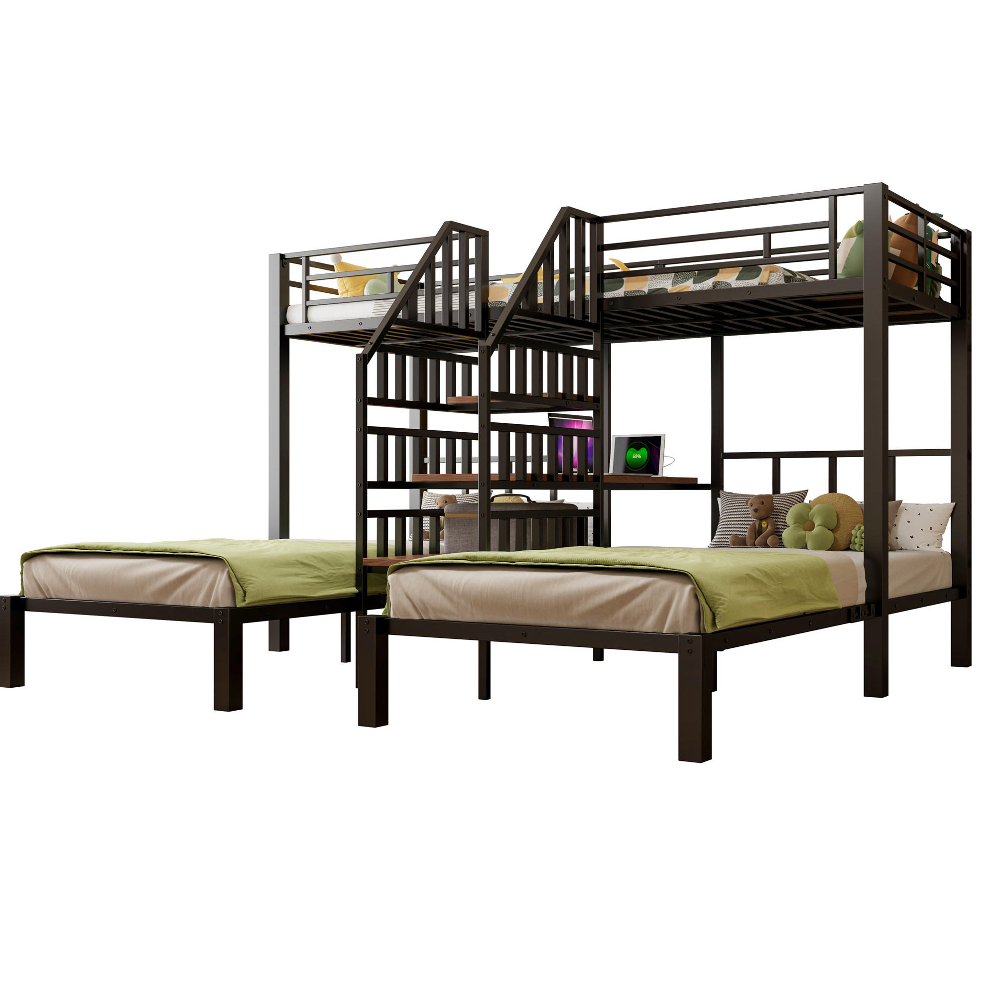 ETAGENBETT 90/200 cm mit LED-Beleuchtung, Schreibtisch und Stauraum - Schwarz, Metall (90/200cm) - Flora Grace