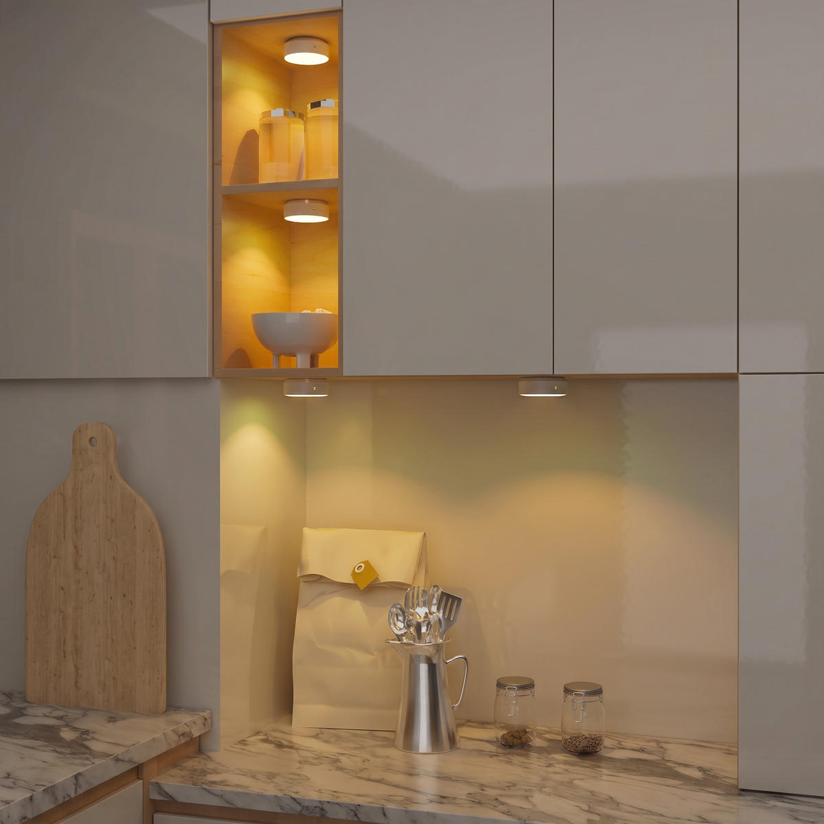LED-AKKU Schranklichter Spots Unterbauleuchte Ø 9,5 x 3,6 cm 4er-Set Bewegungsmelder - Weiß, Kunststoff (9.5/9.5/3.6cm) - Northpoint