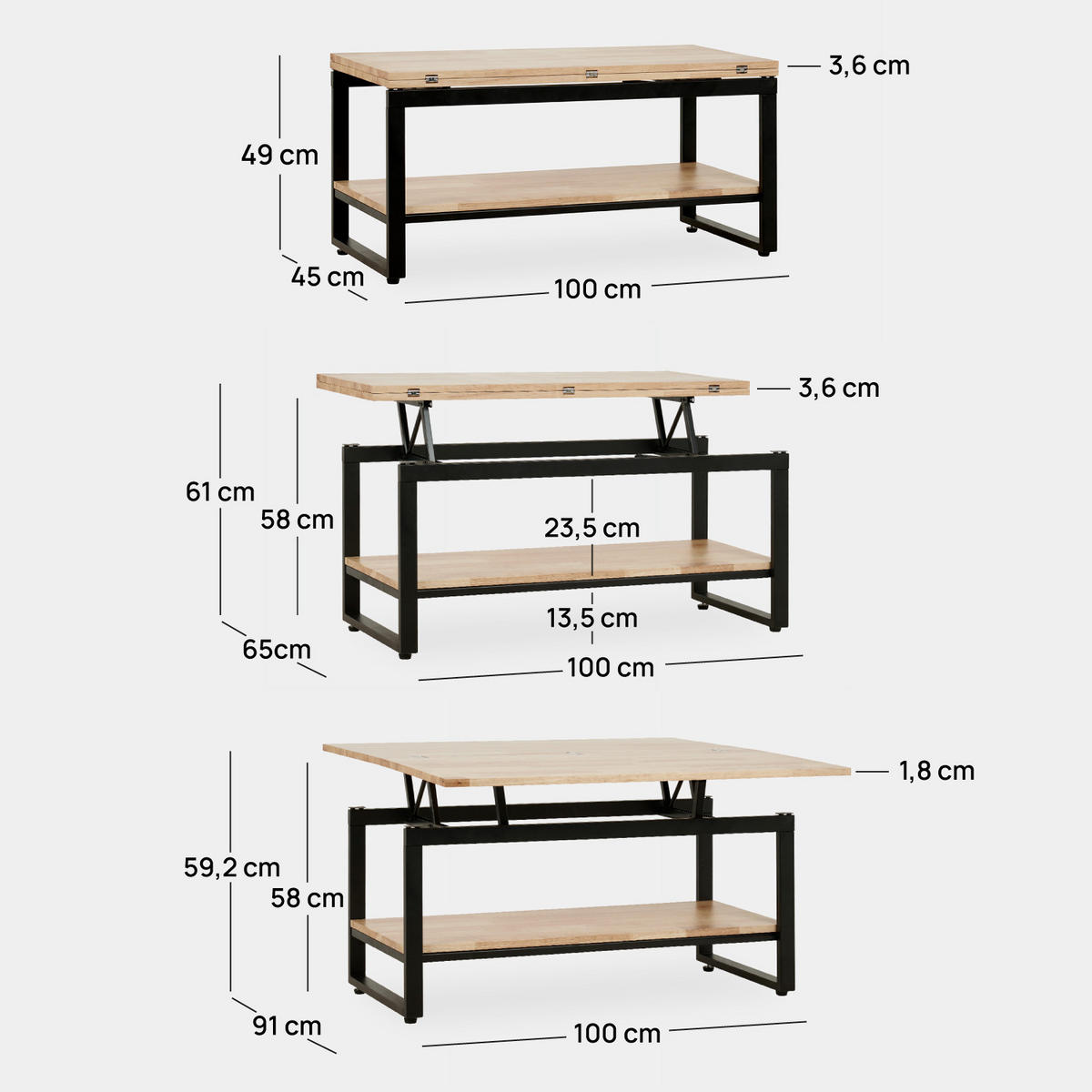 COUCHTISCH HOCHKLAPPBARER Alvi Schwarz 100 cm x 49 - 61 cm - Schwarz, Holz (45/100/49cm) - Klast Home