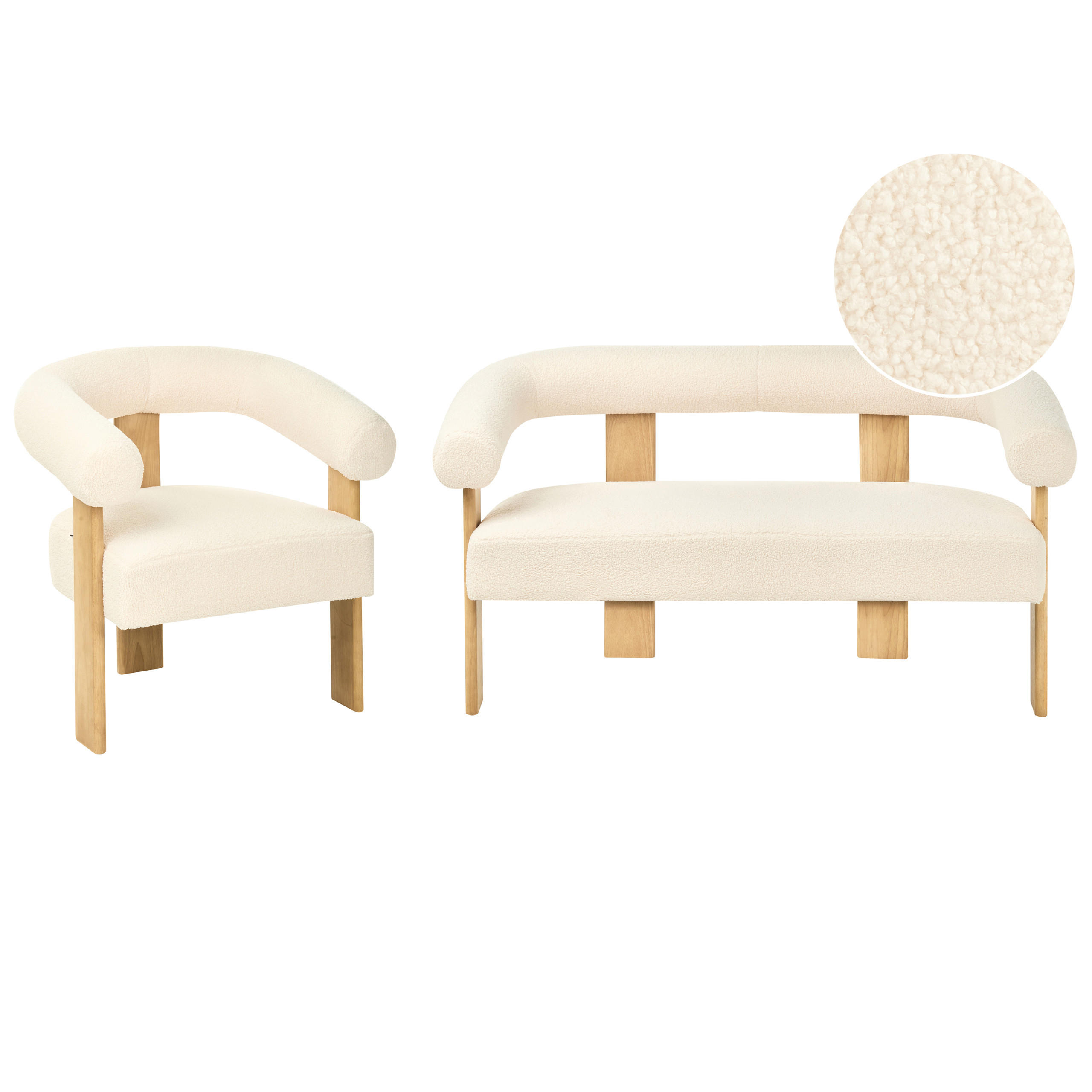 SOFA-SET Bouclé Cremeweiß/Hellbraun Ilbro - Creme/Weiß, Textil (138/76/68cm) - Beliani