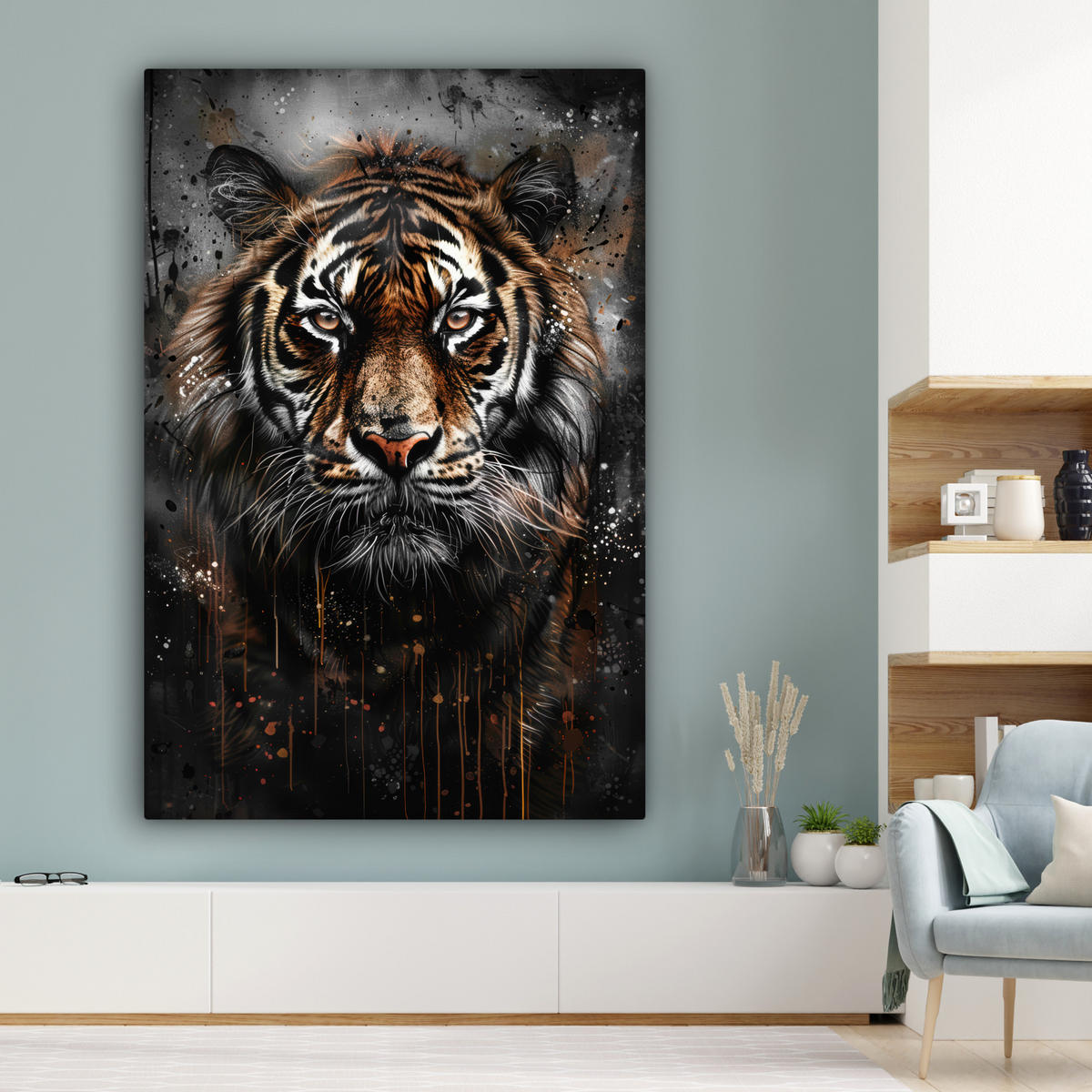 LEINWANDBILD Tiger - Tiere - Porträt - Luxus - Schwarz Deko Groß 90x140 cm - Anthrazit, Textil (90/140cm) - MuchoWow