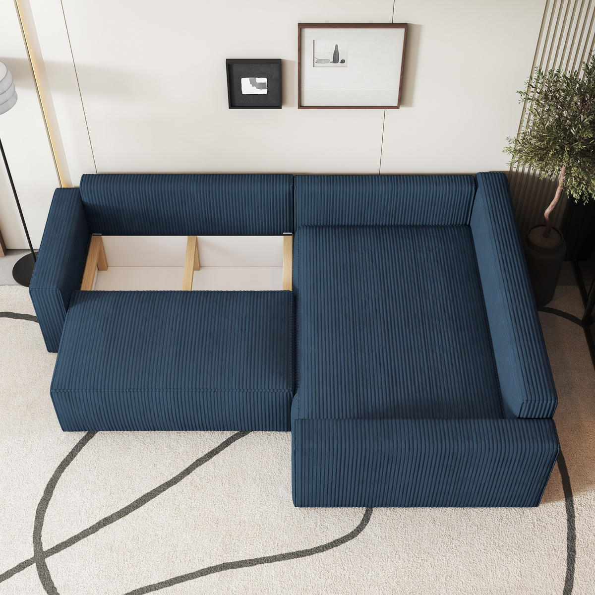 ECKSOFA ERONIS R-S Blau Kordstoff mit Schlaffunktion - Blau, Holz (265/194cm) - MASSENO