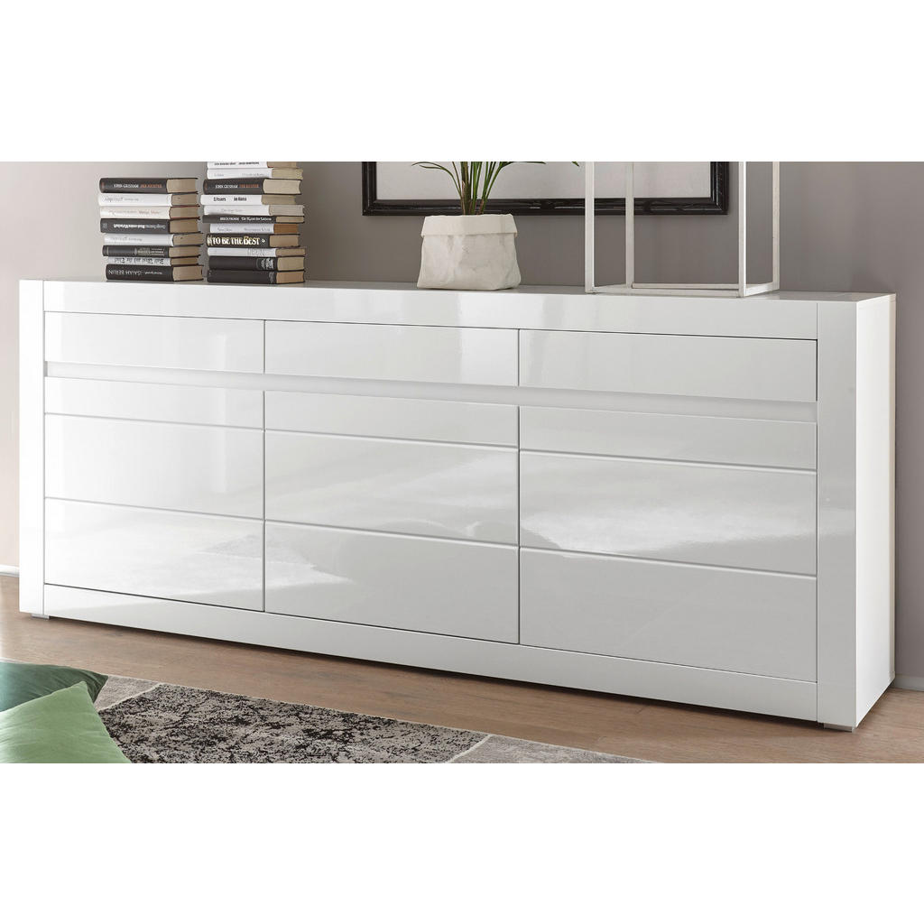 Thumbnail - Furn.Design Sideboard, Weiß, Weiß Hochglanz, Grau, Holzwerkstoff, Nachbildung, Uni, 3 Fächer, 3 Schubladen, Rechteckig, ...