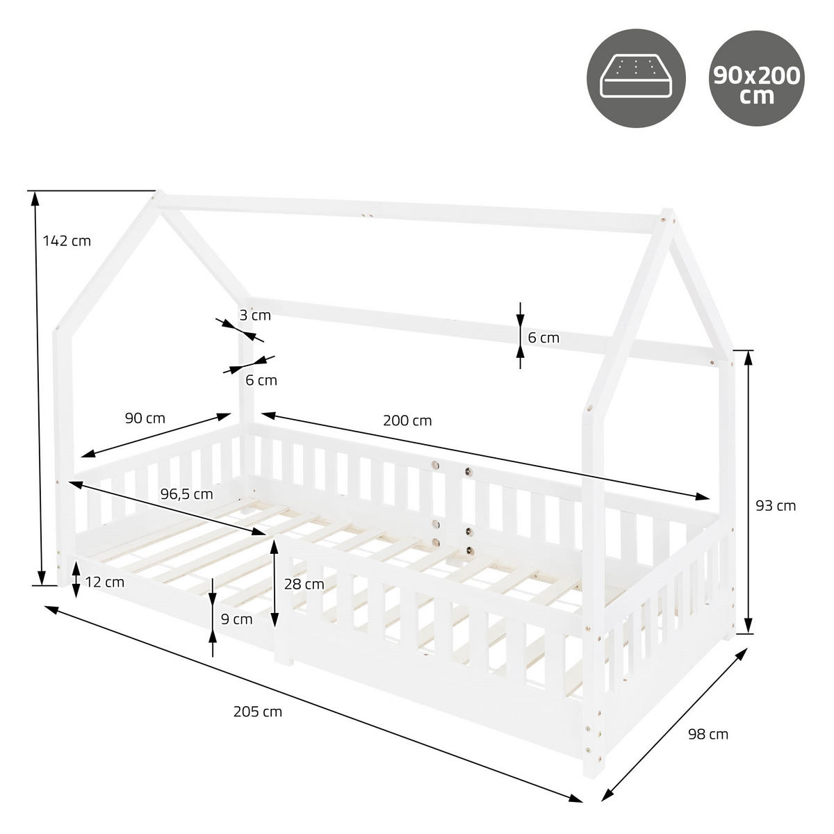 KINDERBETT mit Dach und Matratze 90x200 cm Weiß - Weiß, Holz (90/200cm) - ML-DESIGN