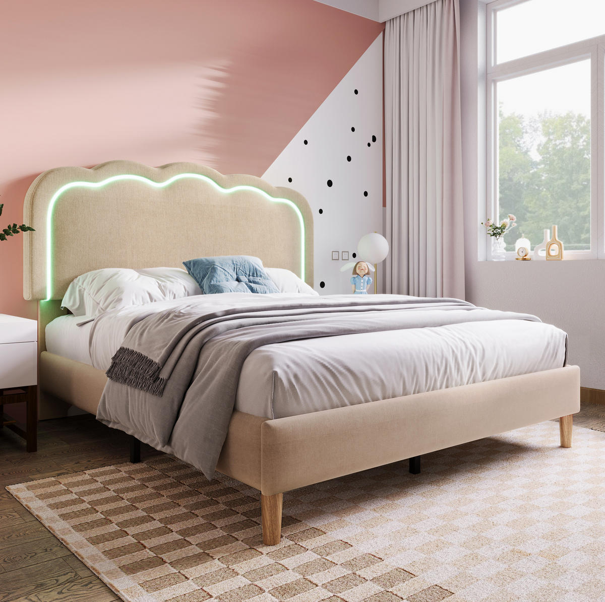POLSTERBETT aus Leinen 140x200 cm in Beige mit LED-Kopfteil - Beige, Textil (140/200cm) - Modfu