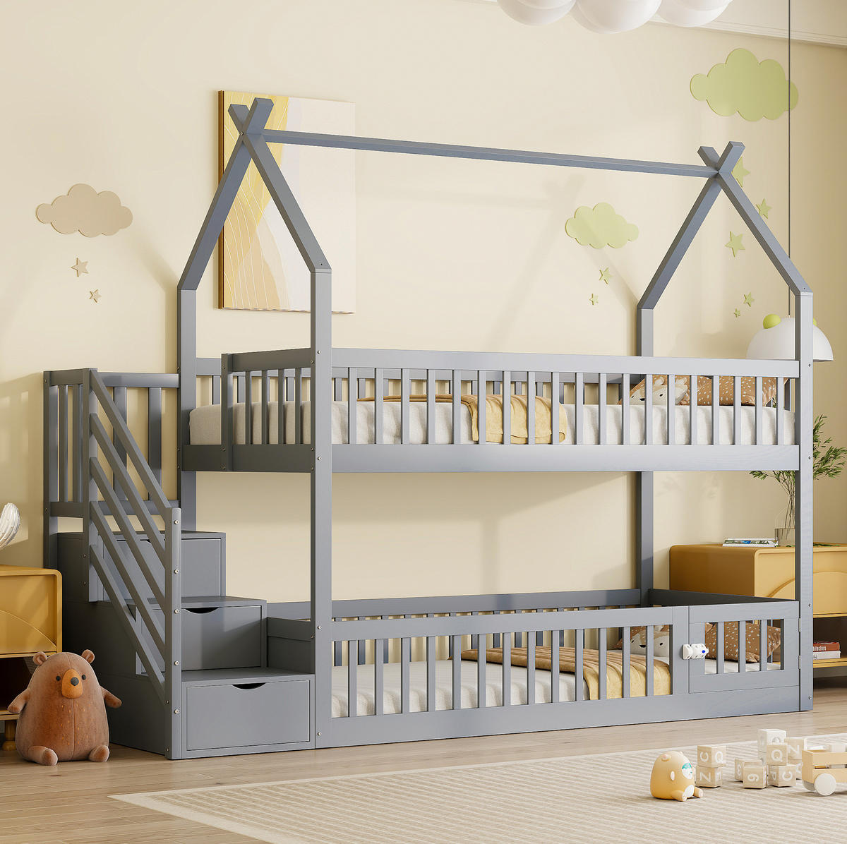 ETAGENBETT 90/200 cm Grau mit Dach und Sicherheitstreppe - Grau, Holz (90/200cm) - OKMYHOME