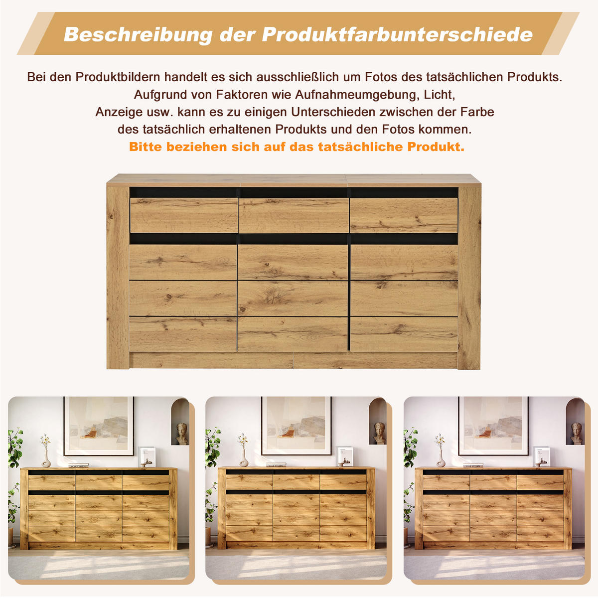 SIDEBOARD Wellenoptik 3 Schubladen 9 Fächer 135cm Naturholz - Naturfarben, Holzwerkstoff (135/70/35cm) - FLIEKS