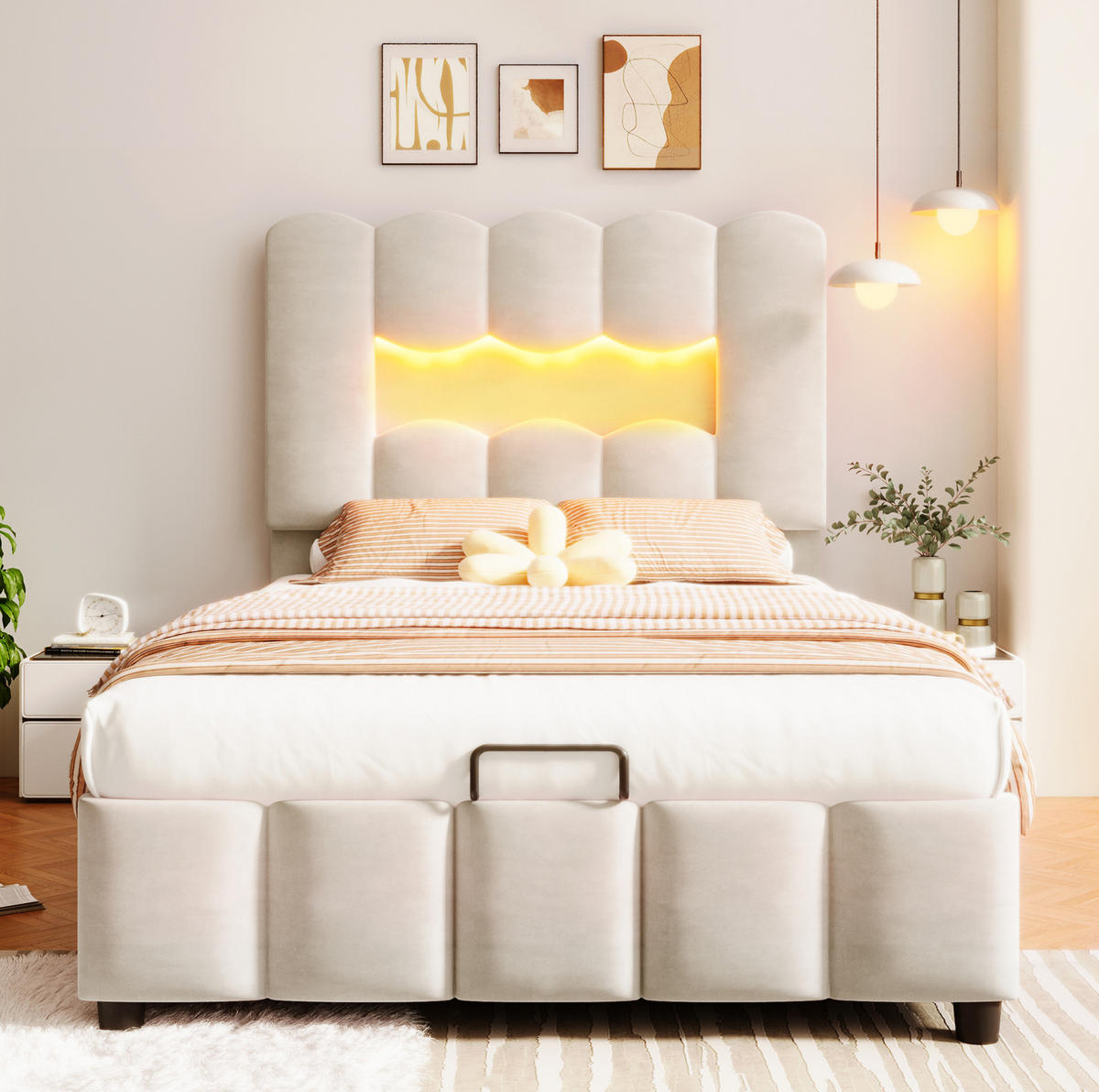 POLSTERBETT 90/200 cm beige aus Samt mit LED und Stauraum - Beige, Textil (90/200cm) - OKWISH