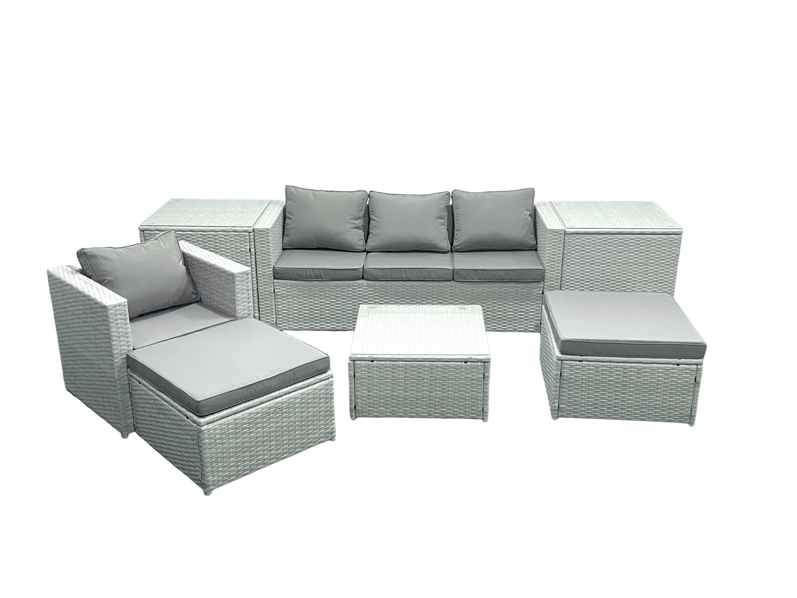 GARTENMÖBELSET mit 3-SITZER SOFA,COUCHTISCH Polyrattan Hellgrau-Mix 6-Sitzer - Hellgrau/Grau, Glas/Kunststoff - Fimous