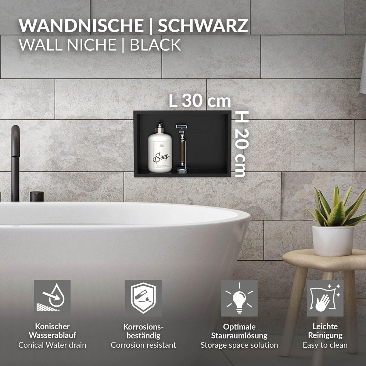 DUSCHNISCHE Schwarz 30/20 cm - Schwarz, Metall (30/20/10cm) - LuxeBath