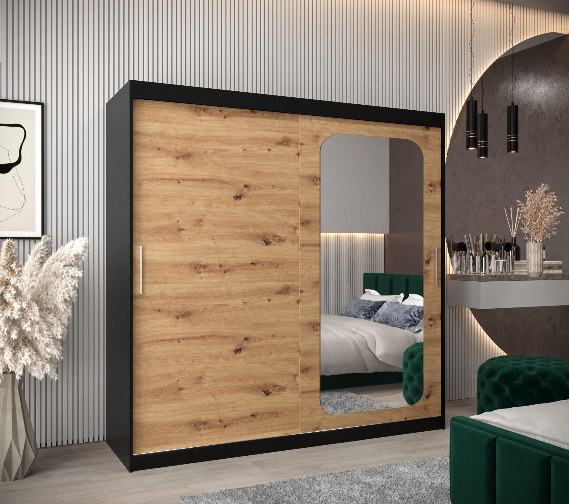 SCHWEBETÜRENSCHRANK 200/200/62 2-türig - Silberfarben/Schwarz, Holz/Kunststoff (200/200/62cm) - Abiks Möbel