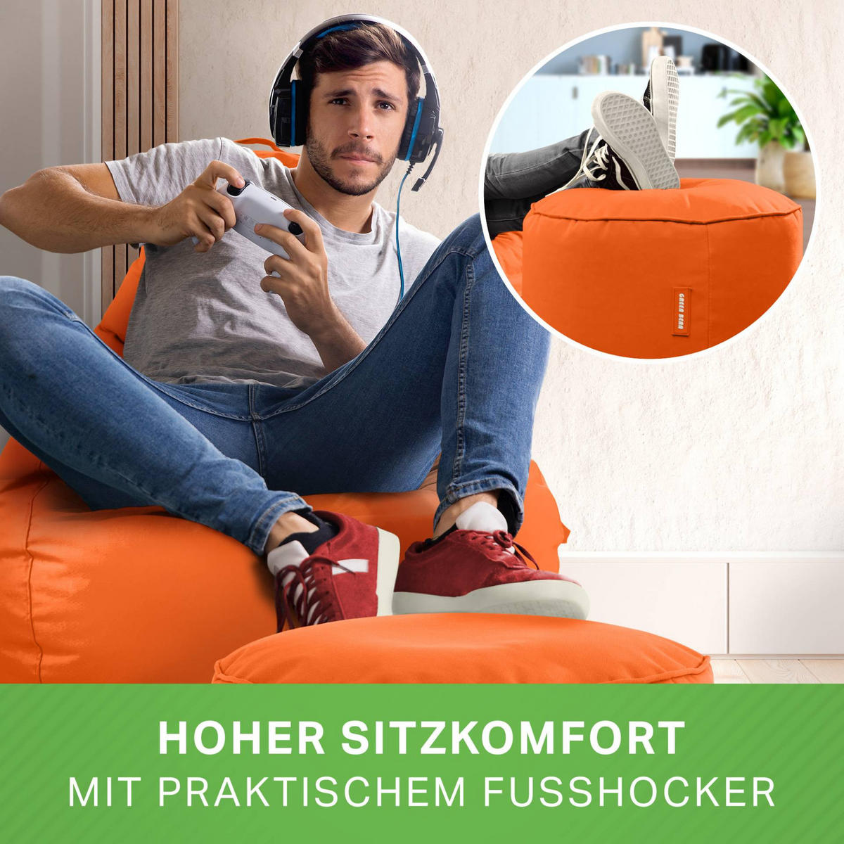 SITZSACK + Hocker "Cozy+Stay" 2er Set - Orange, Textil (70/90/80cm) - Green Bean