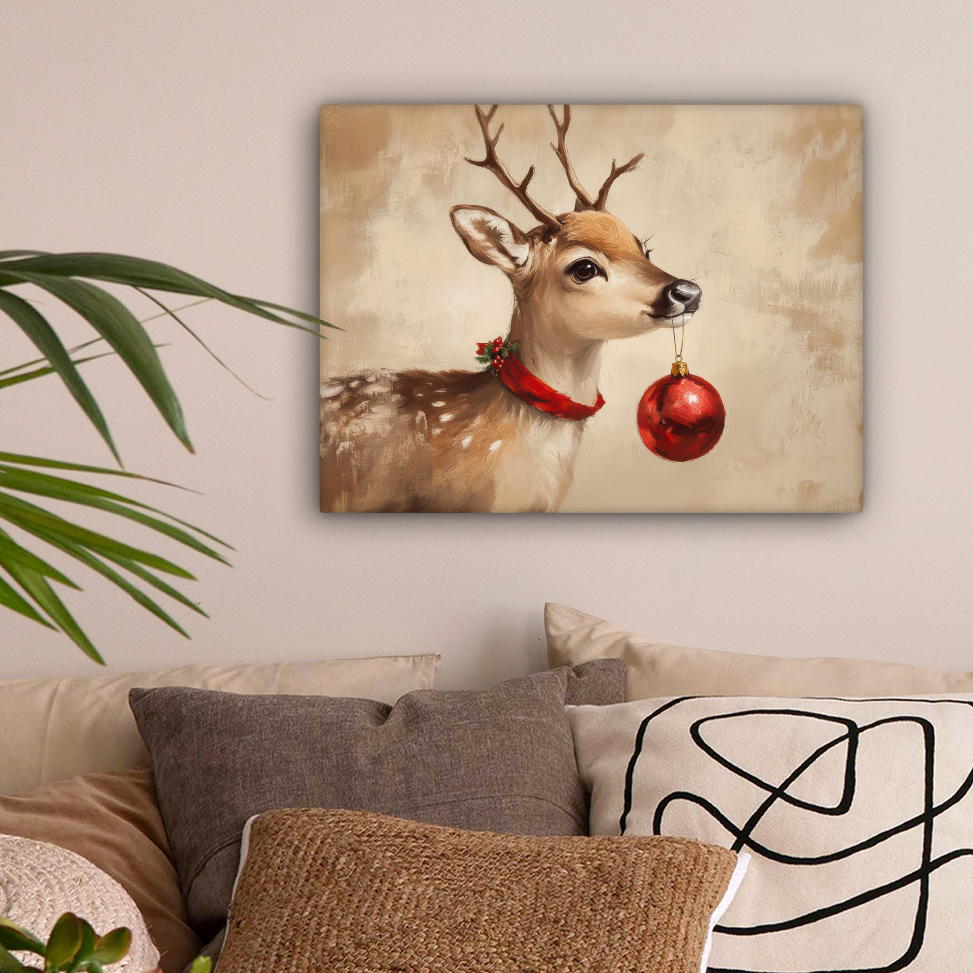 LEINWANDBILD Weihnachten - Hirsch - Geweih - Weihnachtskugel - Rentier 40x30 cm - Hellbraun, Textil (40/30cm) - MuchoWow