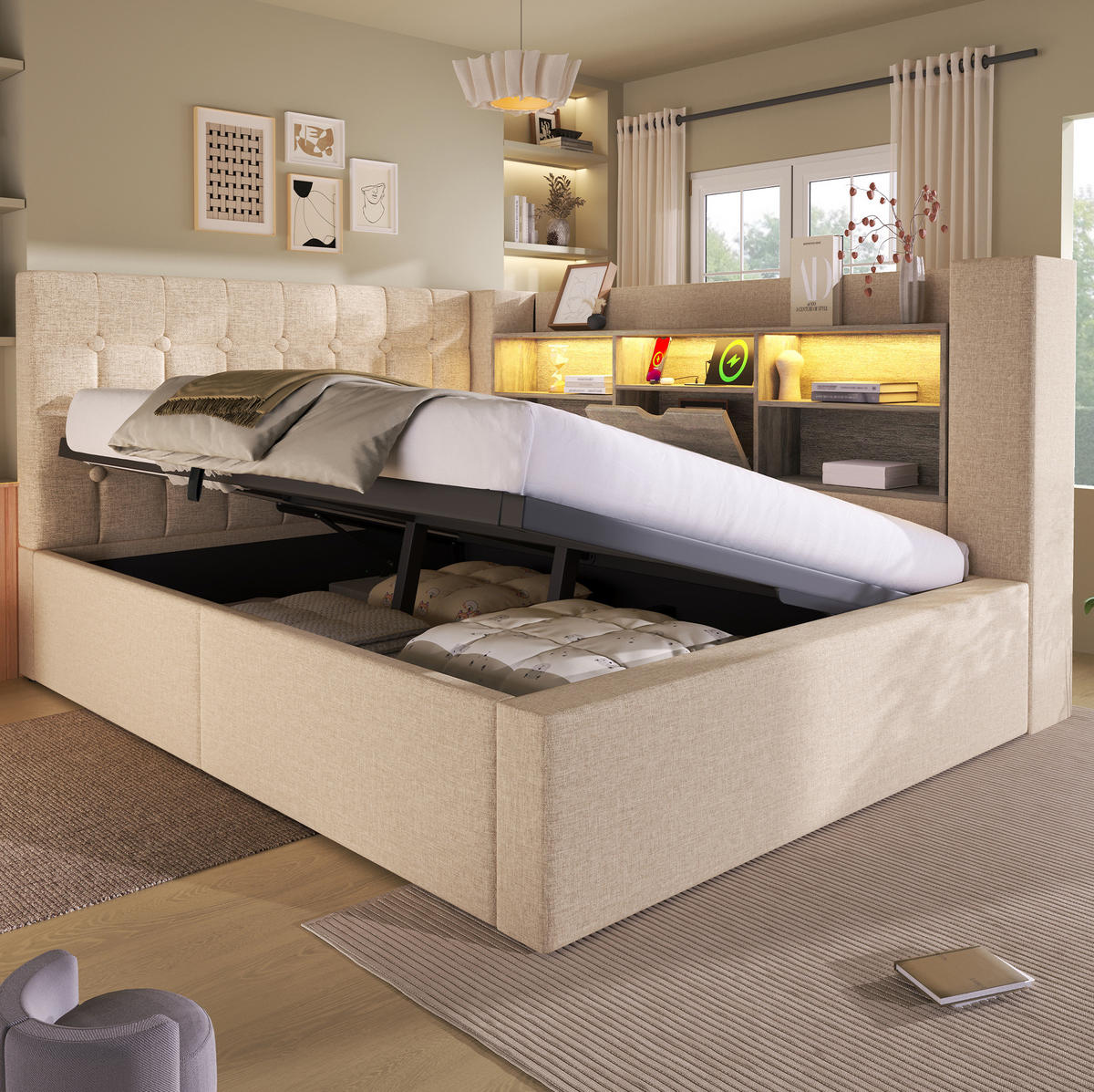 POLSTERBETT aus Leinenstoff 140x190 cm Beige mit LED-Beleuchtung, Ladeanschlüssen und Stauraum - Beige, Textil (140/190cm) - IVMEU