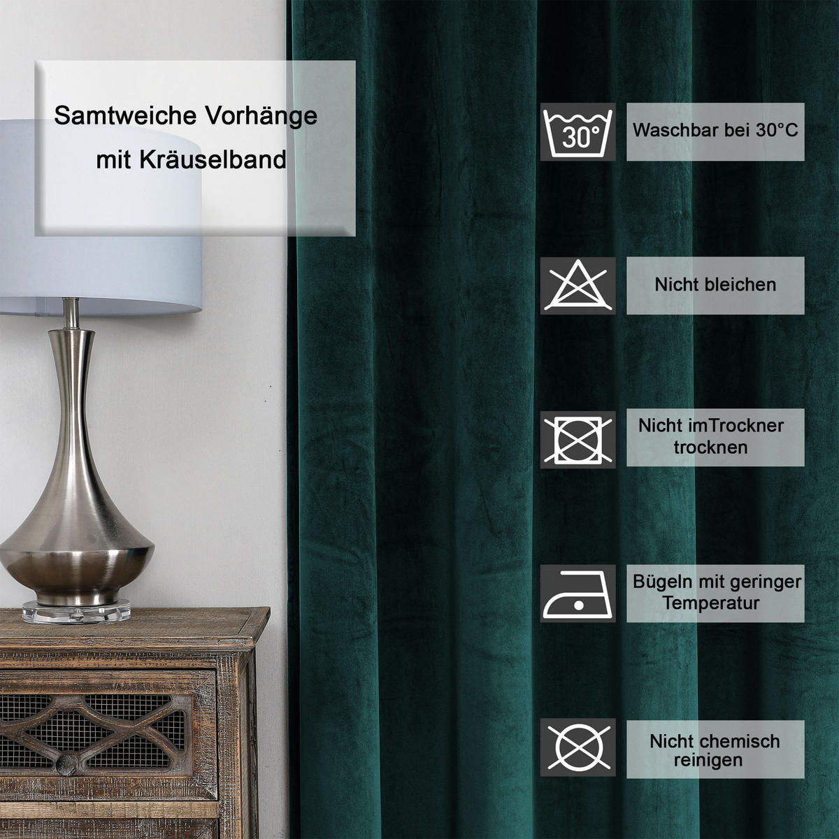 VORHANG Kräuselband Samt 140/245 cm Petrol - Petrol, Textil (140/245/245cm) - TiborTex