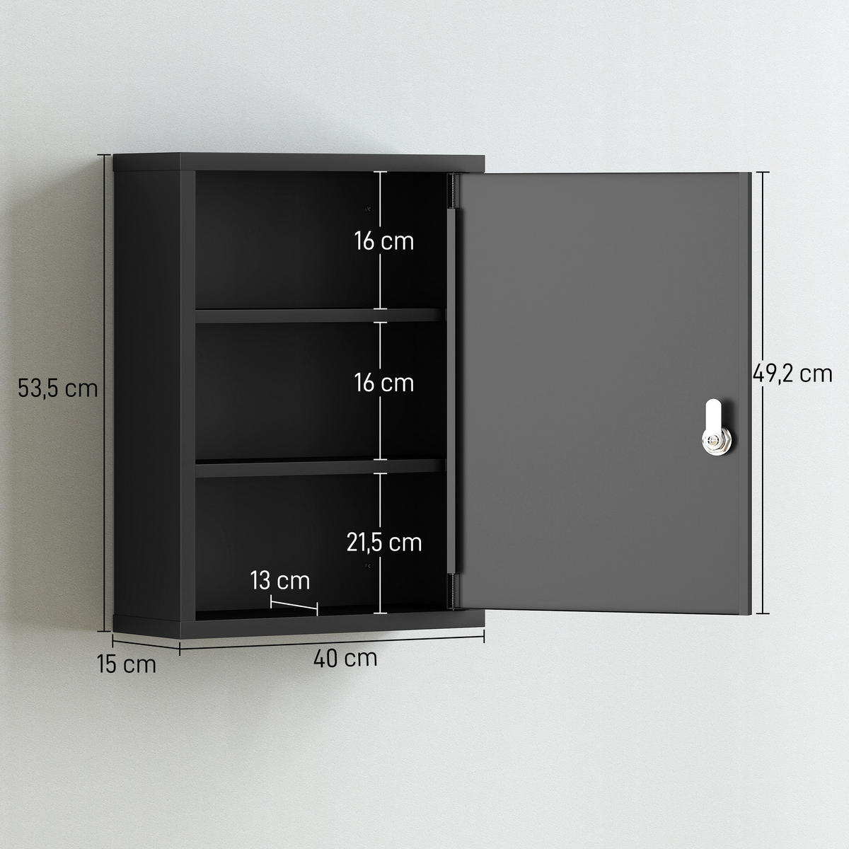 MEDIZINSCHRANK Kaltgewalzter-Stahl Schwarz - Schwarz, Metall (15/53.5/40cm) - Kleankin
