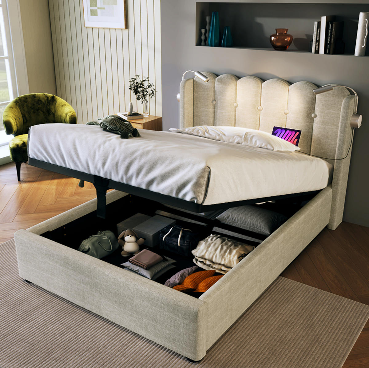POLSTERBETT 90/200 cm Natürlich aus Leinen mit USB und Leselicht - Naturfarben, Textil (90/200cm) - OKMYHOME