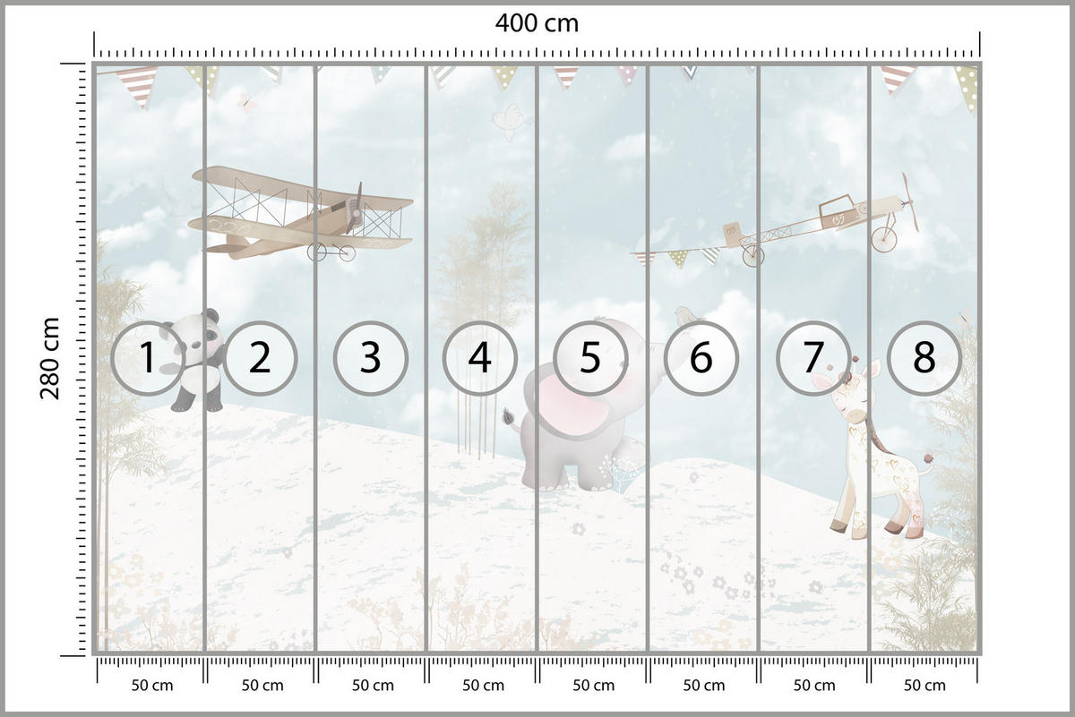 FOTOTAPETE für Kinderzimmer Boho Elefant Panda Giraffe Pflanze Flugzeug 400x280 - Multicolor, Papier (400/280cm) - Muralo