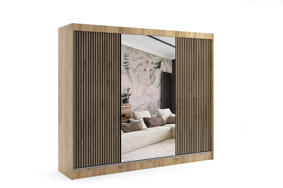 KLEIDERSCHRANK VILAN mit Spiegel - 250 cm - Eichefarben|Eiche Wotan - Eichefarben/Eiche Wotan, Holzwerkstoff (250/215/61cm) - ALTDECOR
