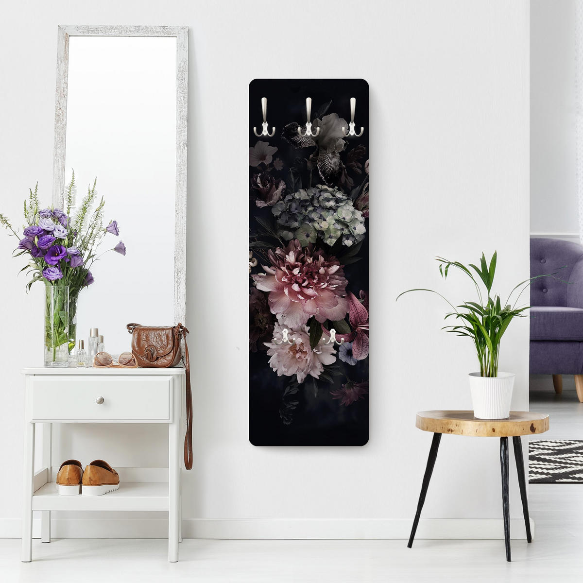 WANDGARDEROBE - Blumen mit Nebel auf Schwarz 34/105 cm - Schwarz, Holzwerkstoff (34/105/1.6cm) - Bilderwelten