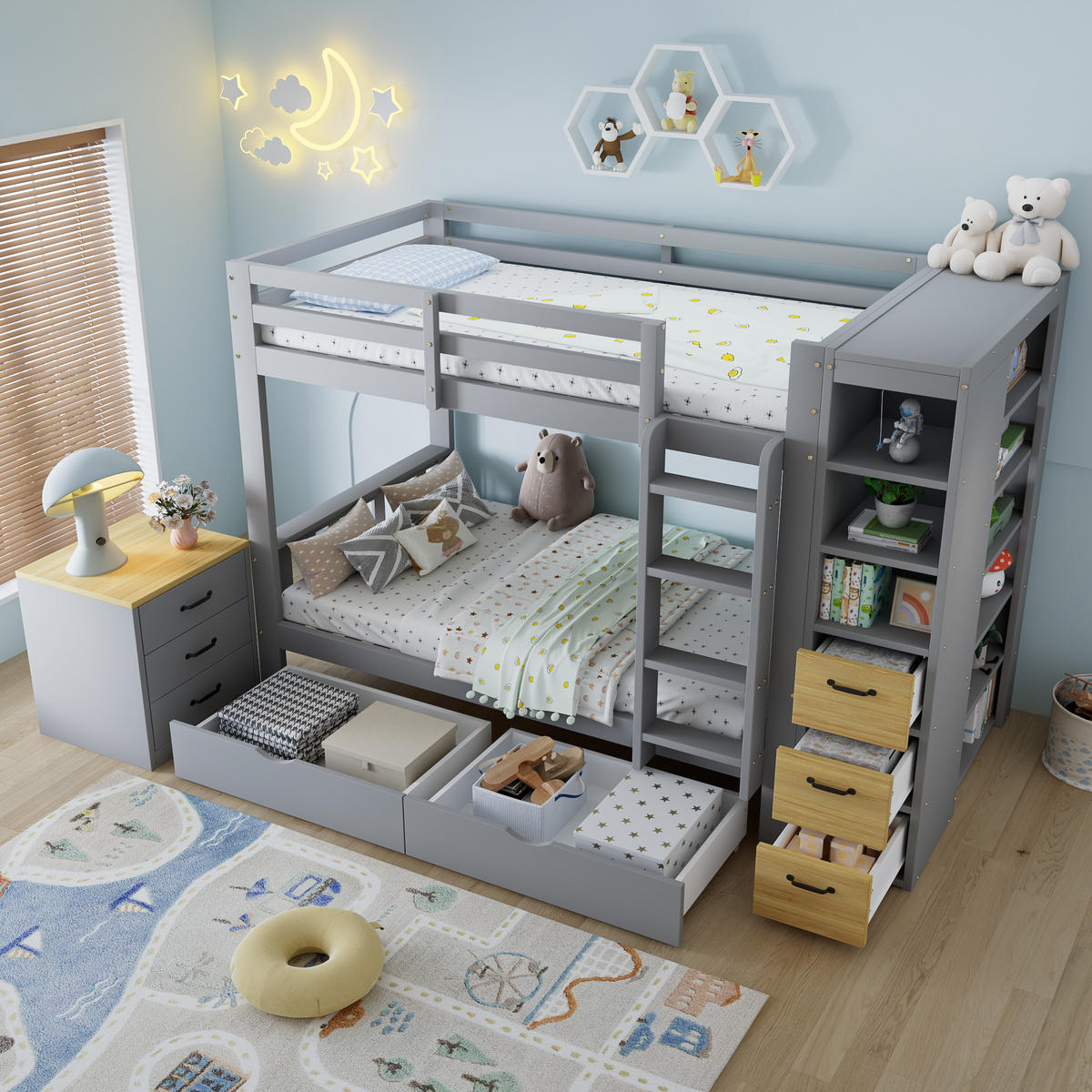 ETAGENBETT 90/200 cm mit 2 Bettkästen und Stauraumregal, DE-41776, in Grau - Grau, Holzwerkstoff (90/200cm) - ComfortXL