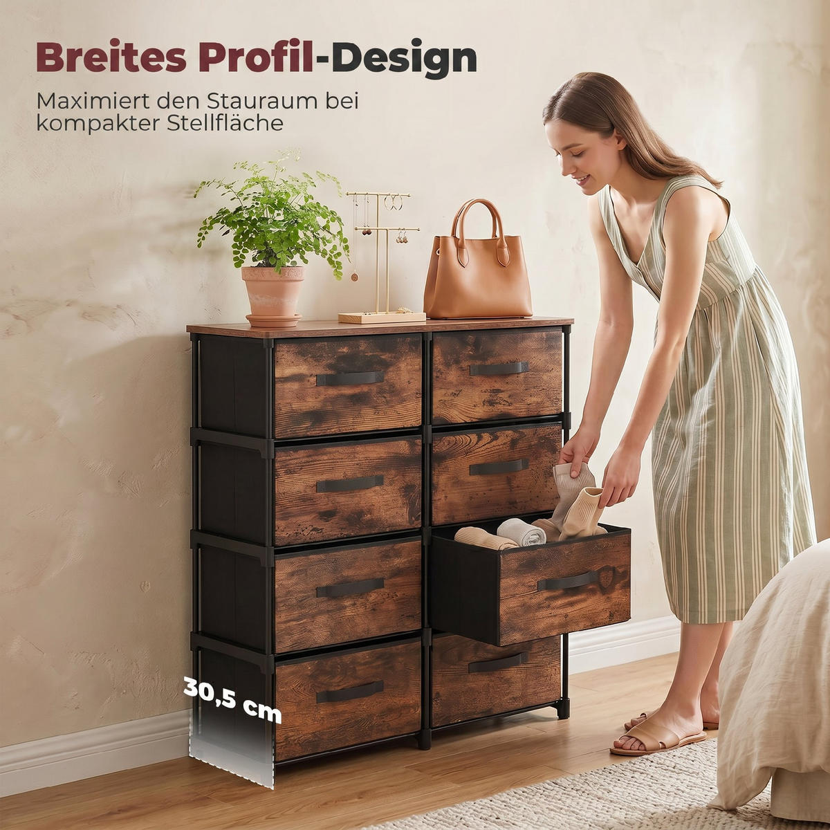 KOMMODE Polyester, Metall Rustikal-Braun - Schwarz/Braun, Kunststoff/Textil (30.5/100/84.5cm) - HOMCOM