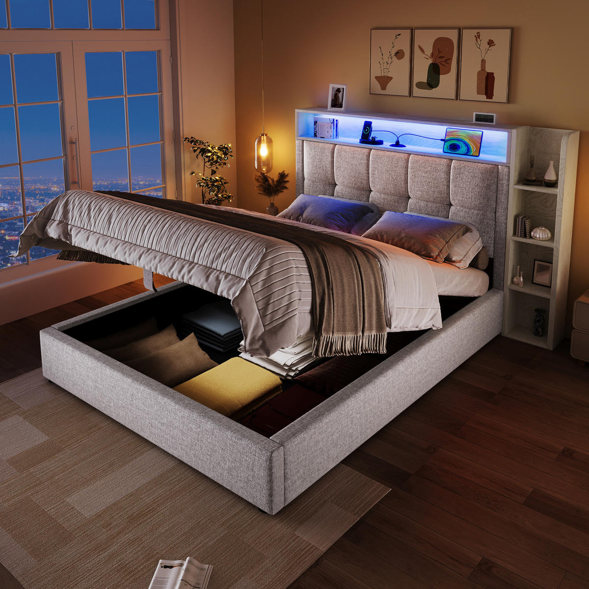 POLSTERBETT mit Stauraum, USB und LED 90x200 cm Leinen Beige - Beige, Metall (90/200cm) - Meubliv