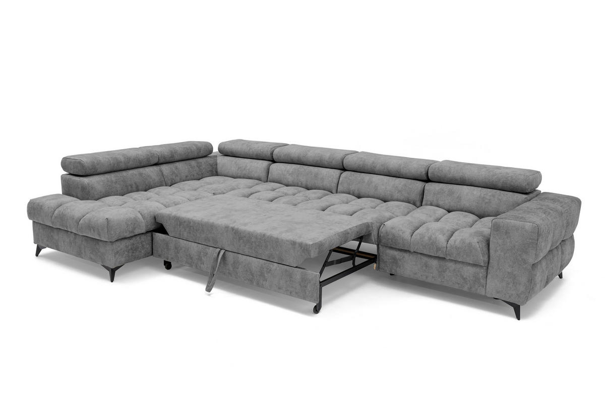 ECKSOFA PUDDING MAXI L Rechts mit Schlaffunktion 125x195 Velours Grau - Schwarz/Grau, Holz/Textil (203/350cm) - Muffo
