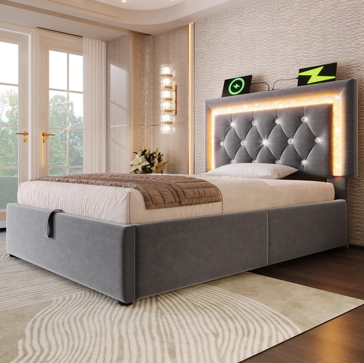 POLSTERBETT 90/200 cm Grau aus Samt mit LED und USB- & Type-C-Anschlüssen - Grau, Textil (90/200cm) - Flora Grace