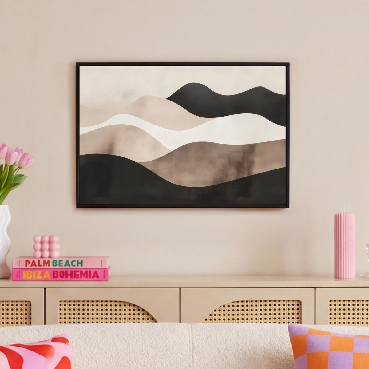 LEINWAND Bilder mit Rahmen - Abstrakt - Landschaft - Wellen - Cremefarben - 60x40 - Cappuccino, Textil (60/40cm) - MuchoWow
