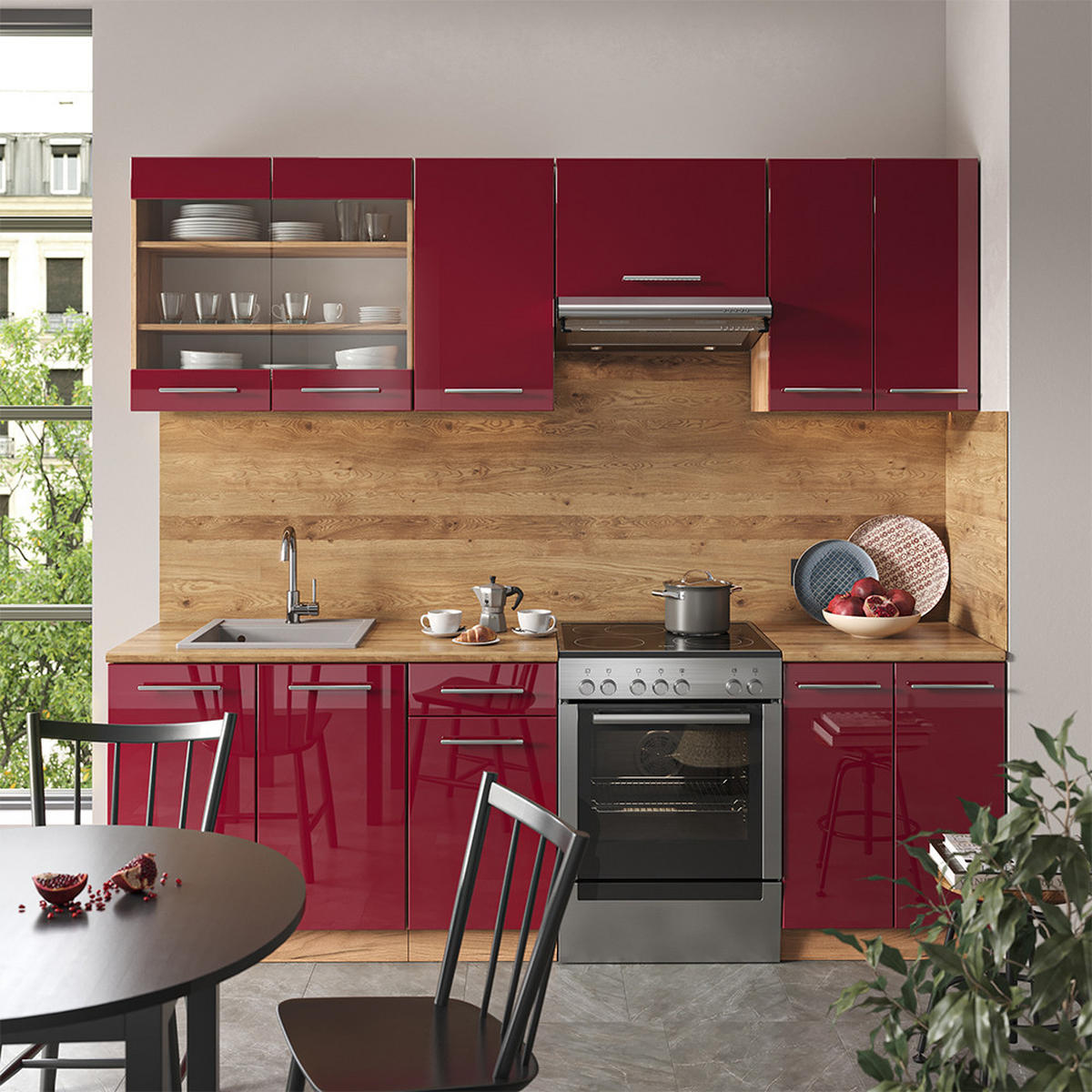 KÜCHENZEILE Fame-Line Bordeaux Hochglanz/Goldkraft Eiche 240 cm AP Marmor - Honigeiche/Bordeaux, Holzwerkstoff (240/81.6/60cm) - Vicco