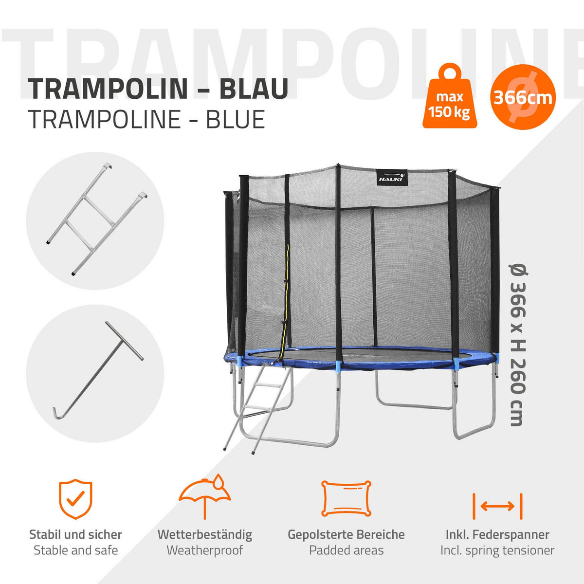 TRAMPOLIN 366 cm blau - Blau, Metall (366/260/366cm) - Hauki