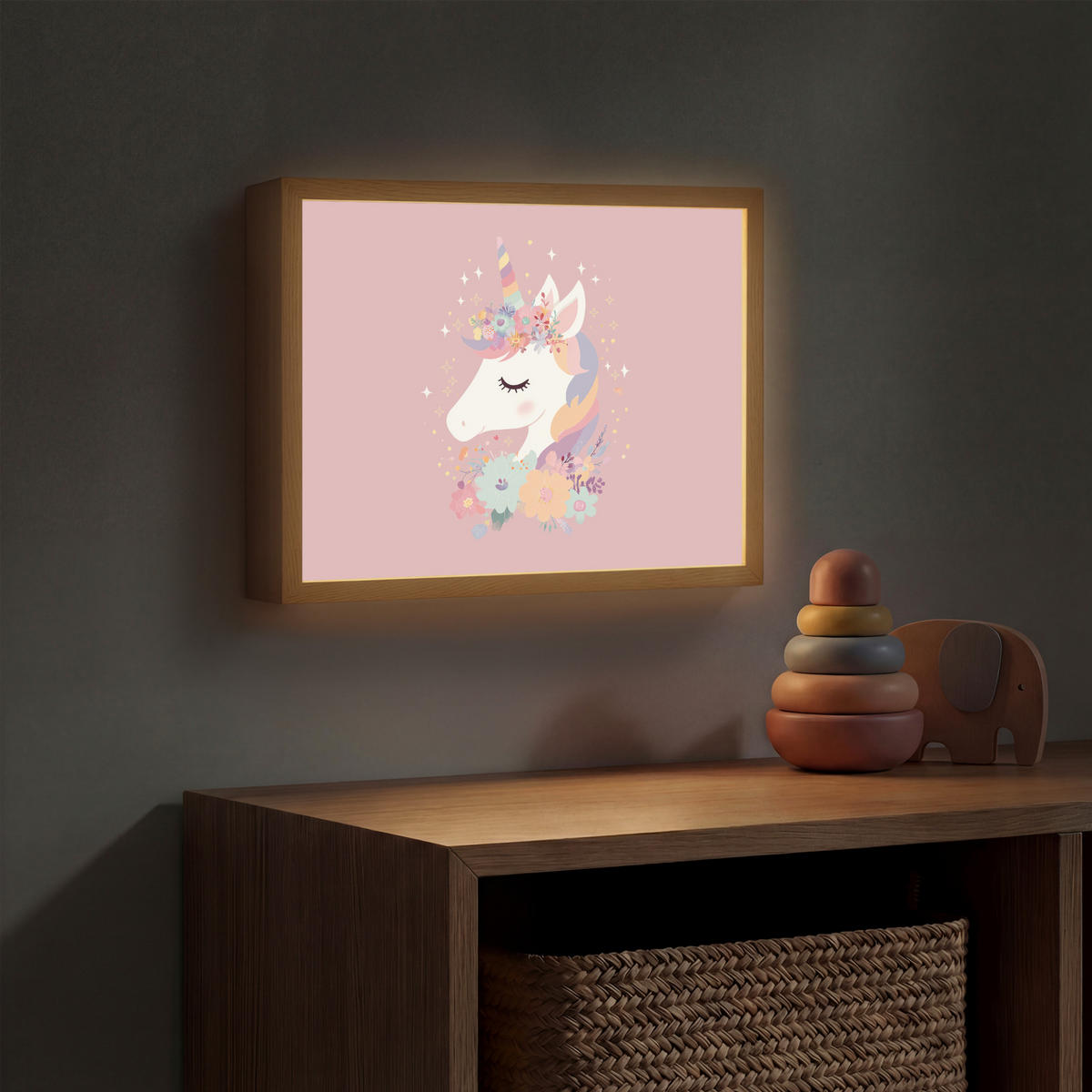 DOBÍJECÍ NOČNÍ LAMPIČKA Jednorožec - růžová - květiny 40x30 cm - růžová, kompozitní dřevo (8/40/30cm) - OnlyWow