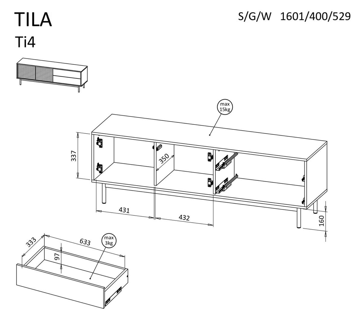RTV-SCHRANK Latilo Kaschmir, zweitürige TV-Tisch mit Schubladen und LED - Kaschmir/Braun, Holzwerkstoff (160/53/40cm) - Bettso