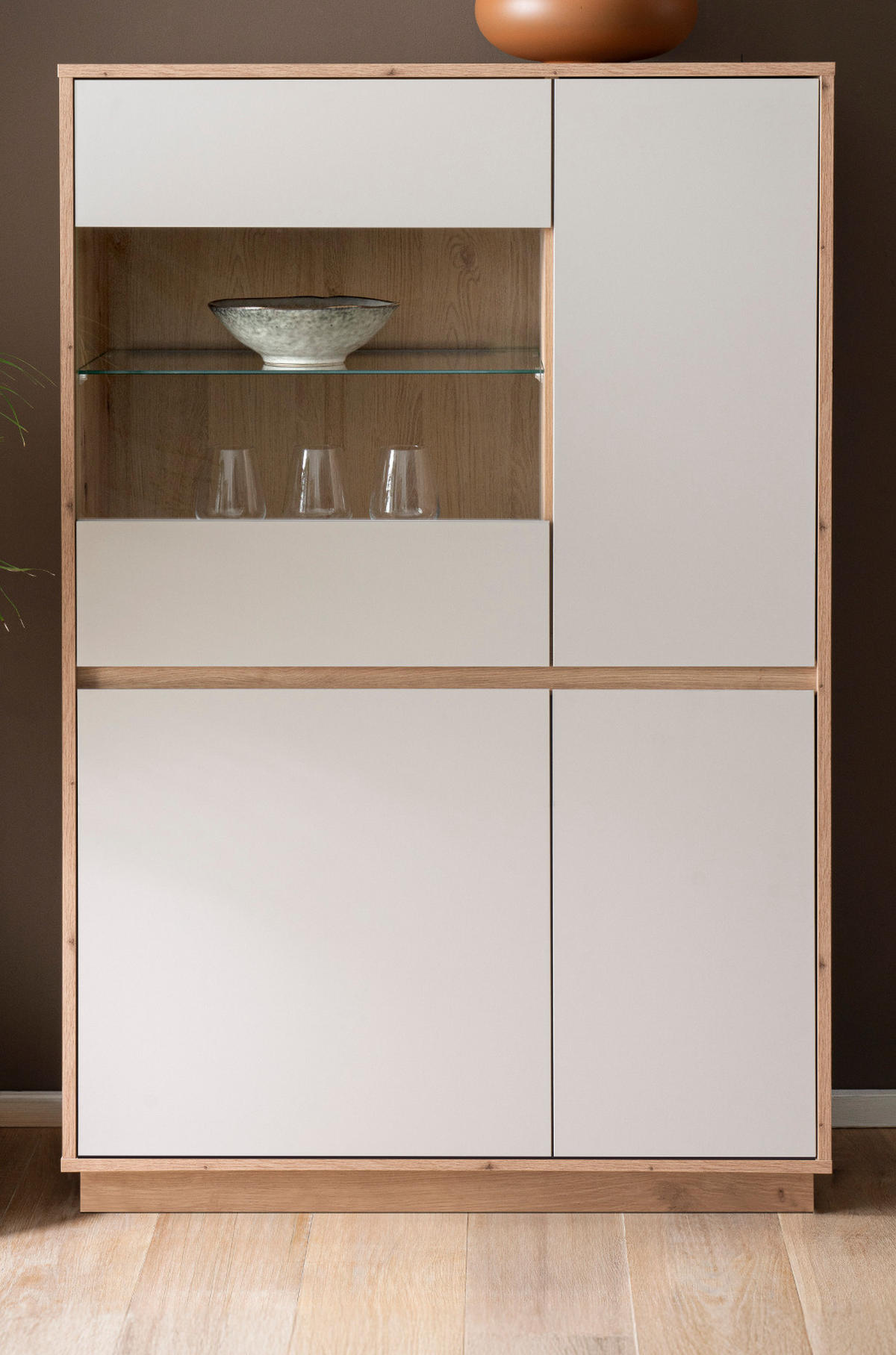VITRINE Kaschmir, Eiche Artisan 75 cm, Highboard mit Soft-Close - Kaschmir/Eiche Artisan, Glas/Holzwerkstoff (75/144/40cm) - Furn.Design