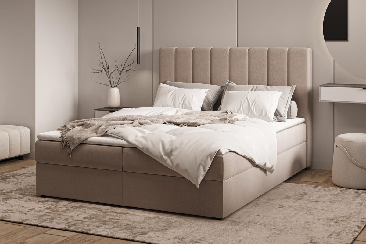 BOXBETT 01 140 x 200 cm - Manila – Stilvoll und bequem Mit Bettkasten, PU-Topper, Federmechanismus, waschbarer Bezug - Braun, Holz (140/200cm) - ROYAL24_MARKT