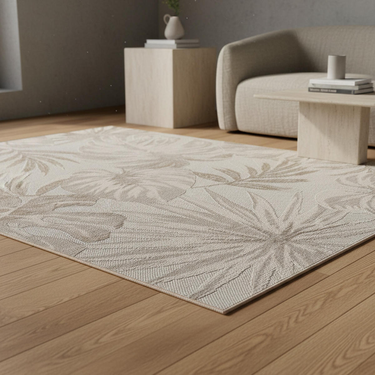 TEPPICH Outdoor Flachgewebe Tropenmuster Polypropylen Terrasse Beige Läufer 80x150 - Beige, Textil (80/150cm) - KADIMA DESIGN