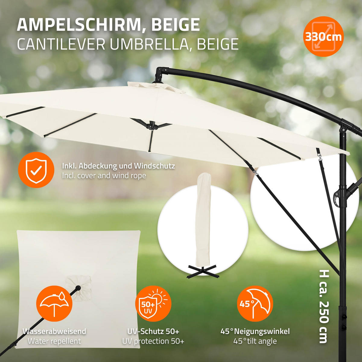 AMPELSCHIRM Ø 330 cm in Beige aus Aluminium - Beige, Metall (330/330cm) - ML-DESIGN