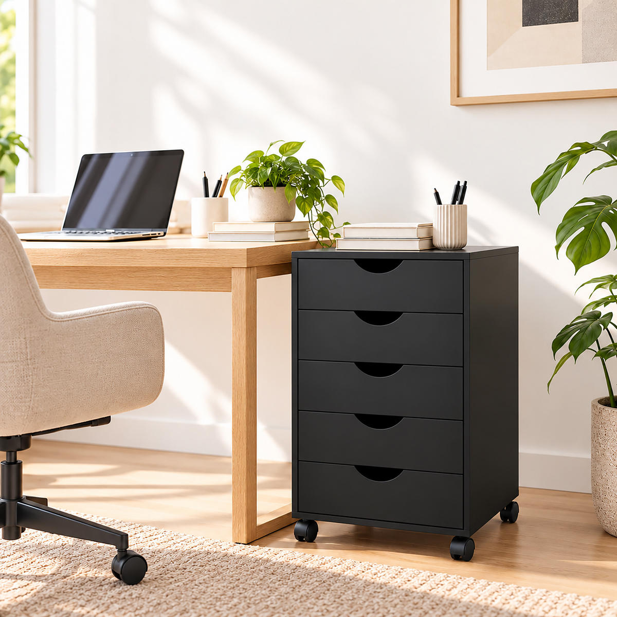 ROLLCONTAINER Schwarz 5 Schubladen auf Rollen 69 cm - Schwarz, Holzwerkstoff/Kunststoff (45/69/40cm) - Relaxdays