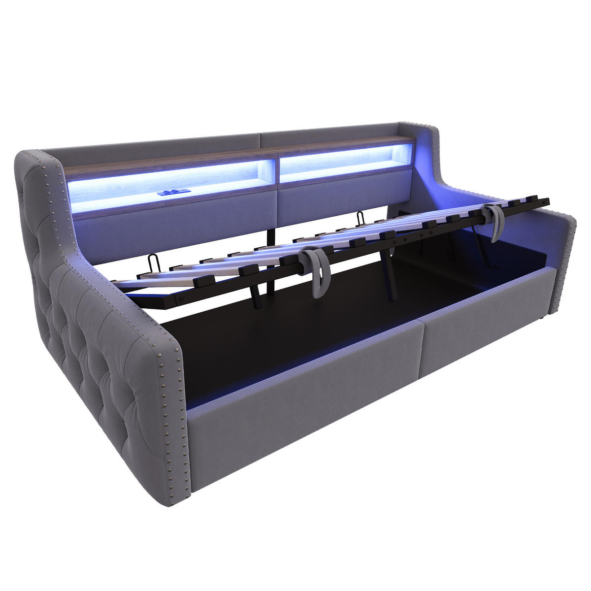 POLSTERBETT 90/200 cm DE-02101, in Dunkelgrau, mit Sofafunktion, LED und Hydraulik - Dunkelgrau, Metall (90/200cm) - ComfortXL
