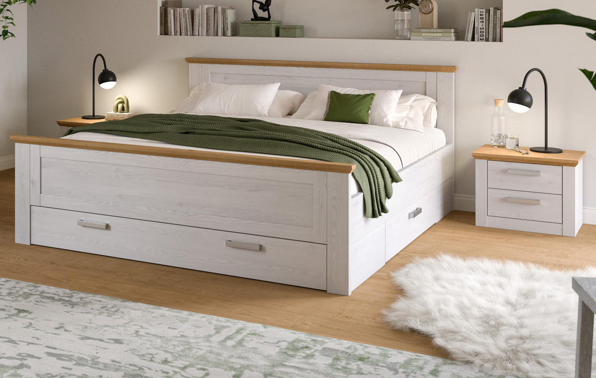 SCHLAFZIMMER weiß Lärche, Eiche Artisan Landhaus Set mit Bett inklusive Bettschubkästen, 2x Nachttisch - Eichefarben/Silberfarben, Holzwerkstoff/Kunststoff (180/200cm) - Inn.Furn