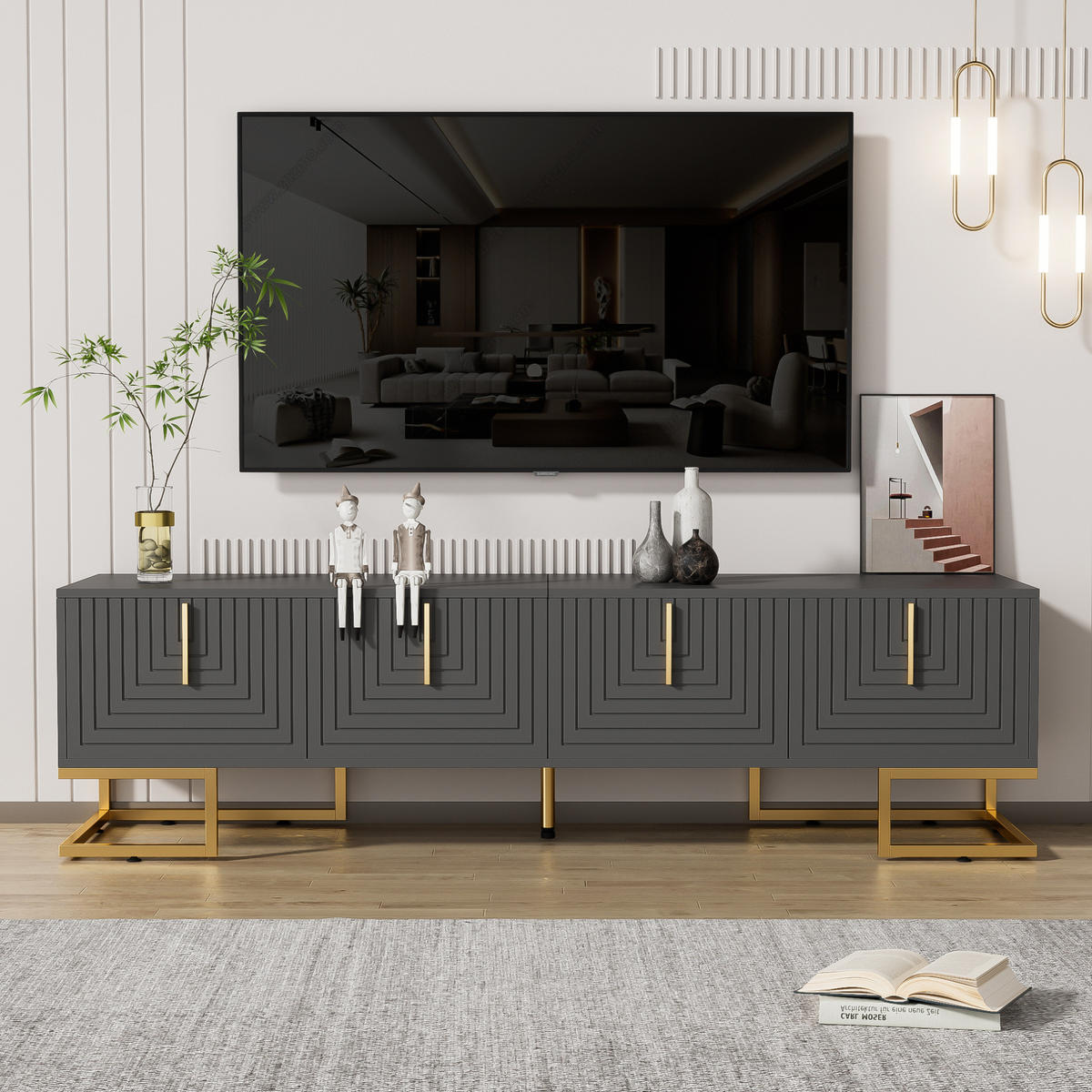 TV-LOWBOARD aus Spanplatte 170x40x45,5 cm Grauschwarz mit 4 Türen, goldfarbenen Metallfüßen und verstellbaren Füßen - Grau, Holzwerkstoff (170/45.5/40cm) - Modfu