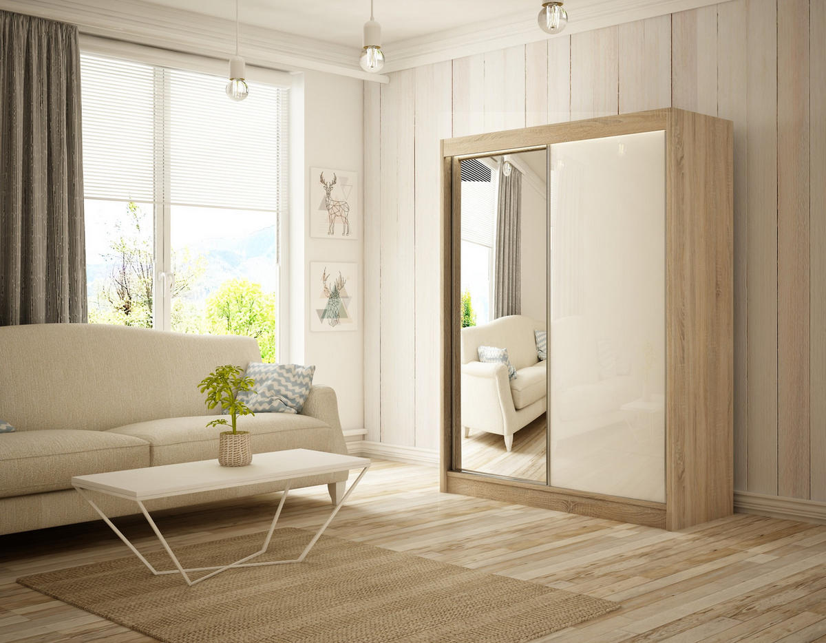 SCHIEBETÜRENSCHRANK ELIS - Weiß/Sonoma Eiche, Holzwerkstoff (150/215/61cm) - Meblini