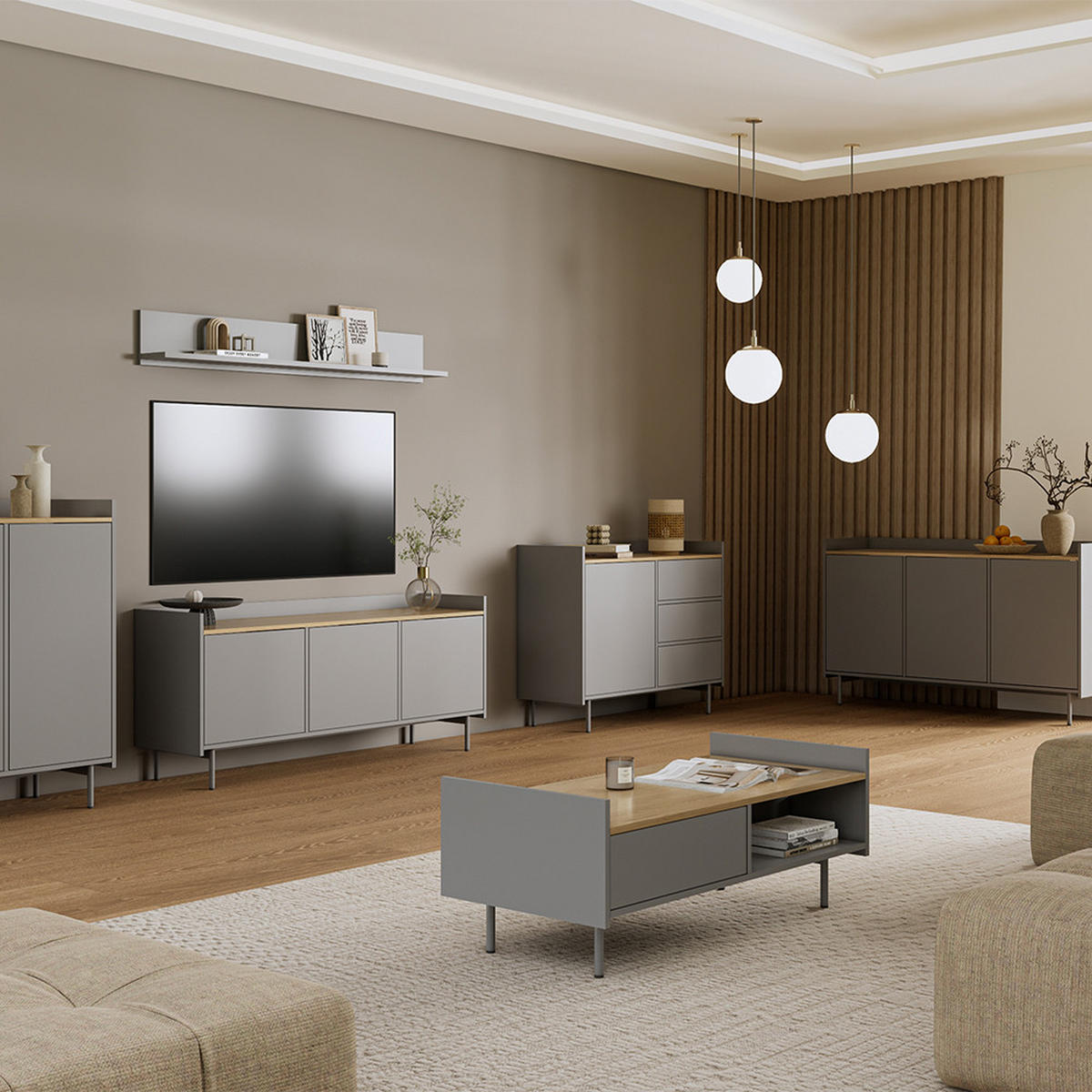 NÍZKÝ NÁBYTEK POD TELEVIZI Velina Šedá/dubová - šedá, kompozitní dřevo (140/63/40cm) - Vicco