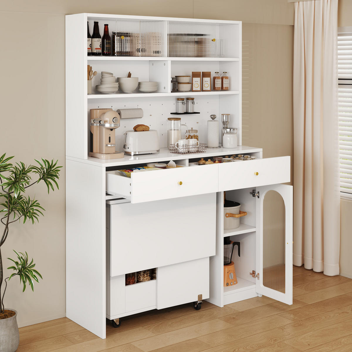 BUFFET-SET 120/45/180 cm weiß aus MDF mit klappbarem Esstisch - Weiß, Holzwerkstoff (120/180/45cm) - OKWISH