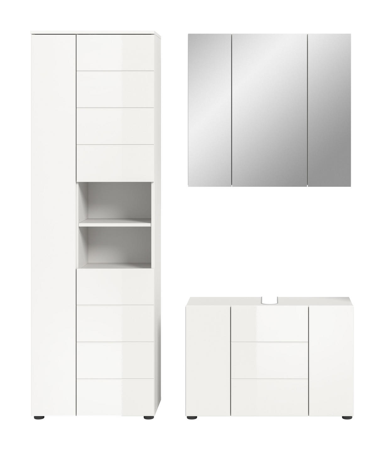 BADKOMBINATION 3tlg. Vira Bad in weiß Melamin und weiß hochglanz B/H/T: 157x190x34 cm - Weiß, Holz (157/190/34cm)