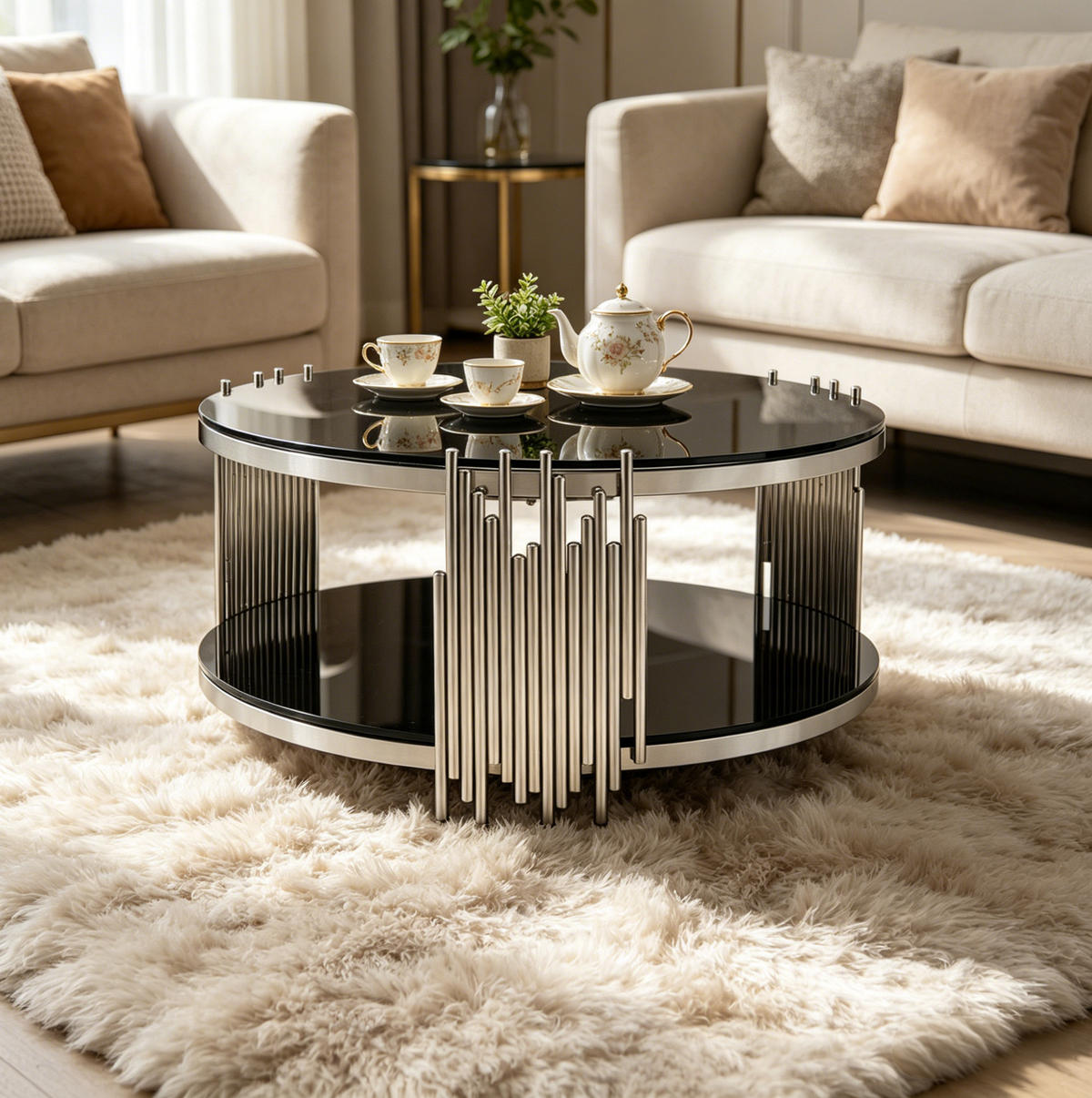 COUCHTISCH rund 2-stufig Schwarz Glas Silber - Schwarz, Glas (80/80/45cm) - Meubliv
